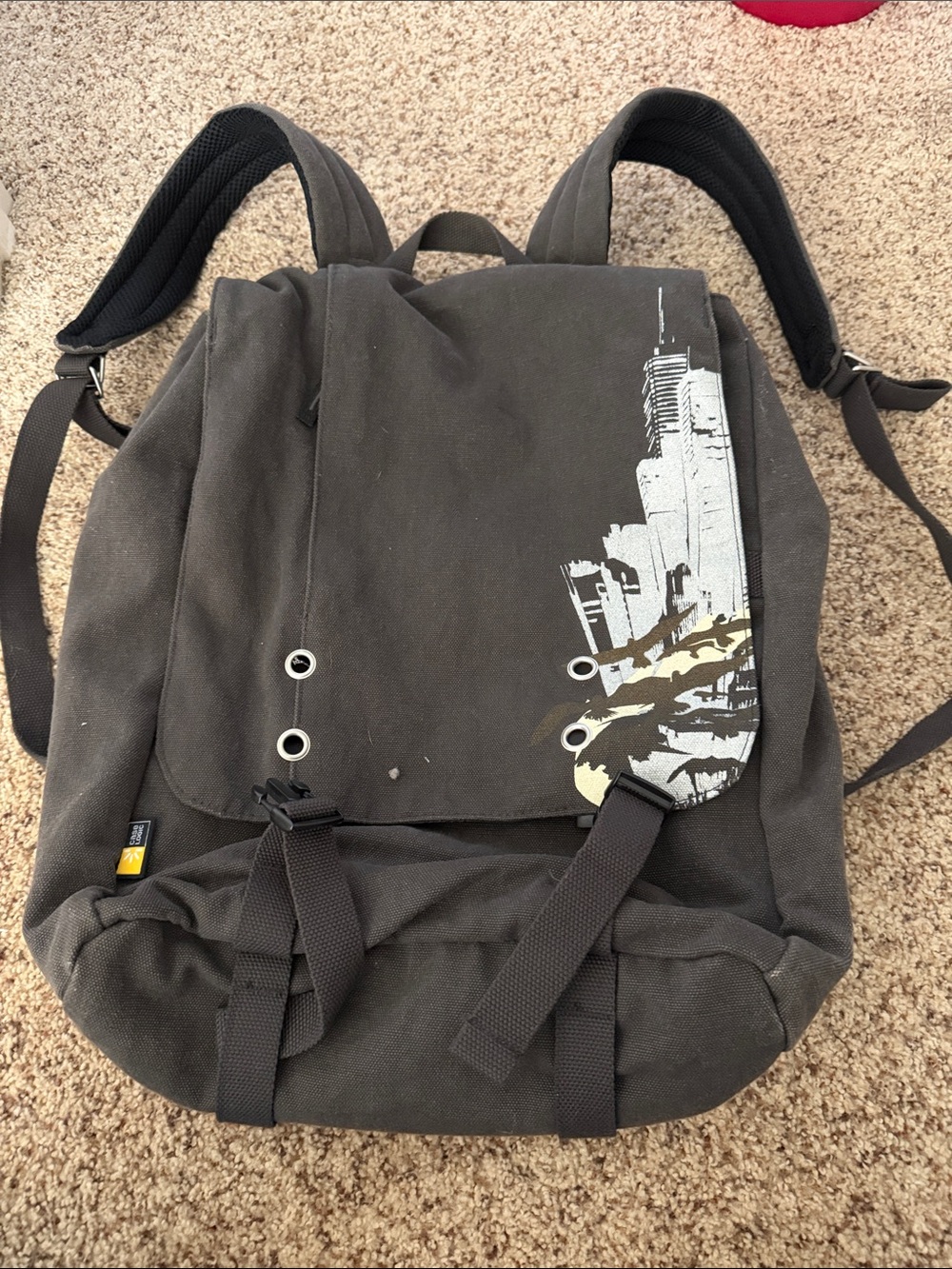 Men's Black Canvas Backpack with Urban Skyline Graphic